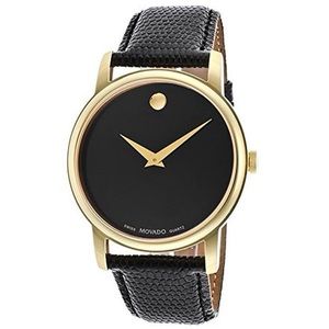 Movado Leather Watch - Grained Black Leather with Gold